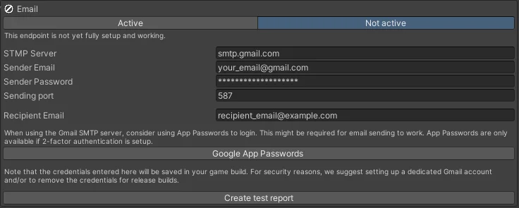 E-Mail endpoint configuration in Unity