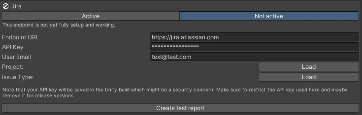 Jira endpoint configuration in Unity