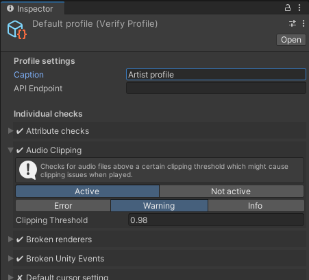 Verify Profile settings in the Unity inspector