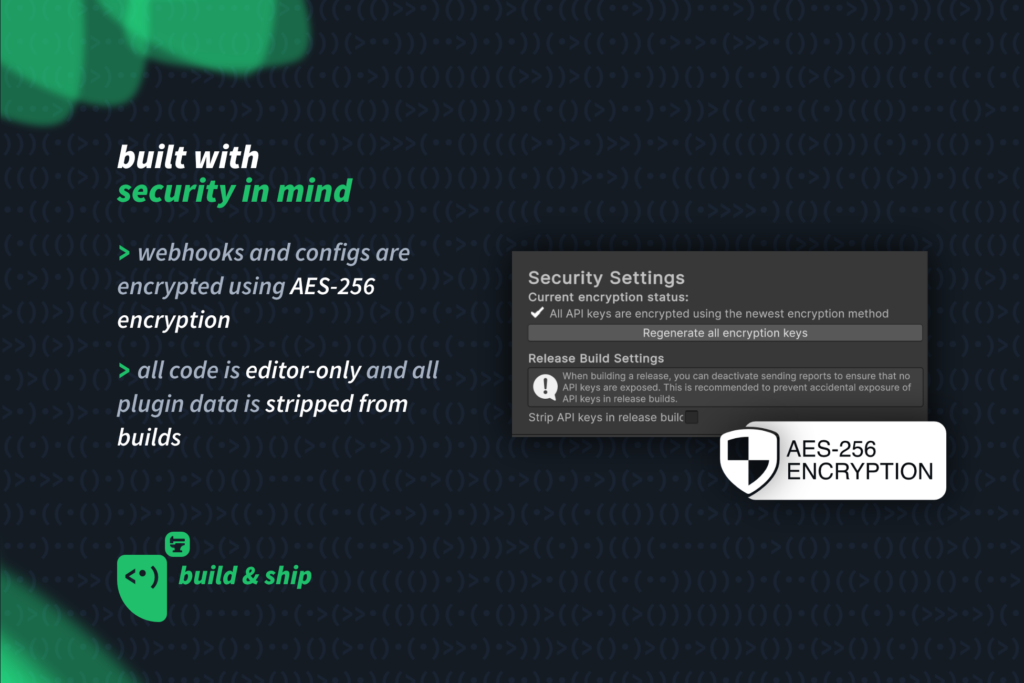 Built with security in mind — webhooks and configs are AES-256 encrypted, all code is editor-only and stripped from builds