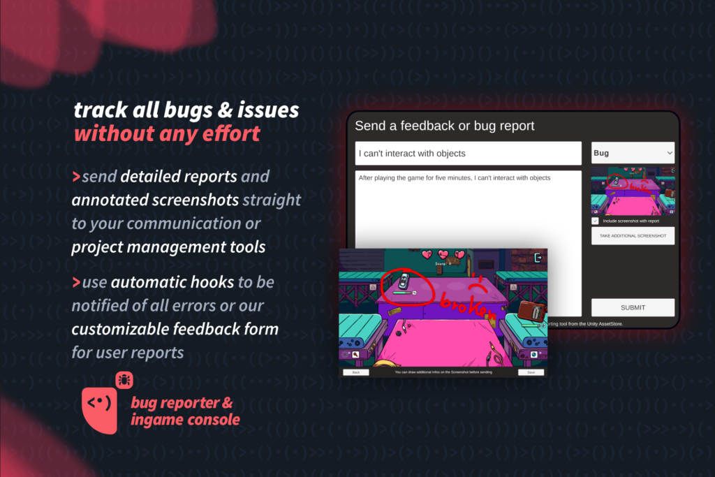Track all bugs and issues without any effort — feedback form with annotated screenshots players can draw on
