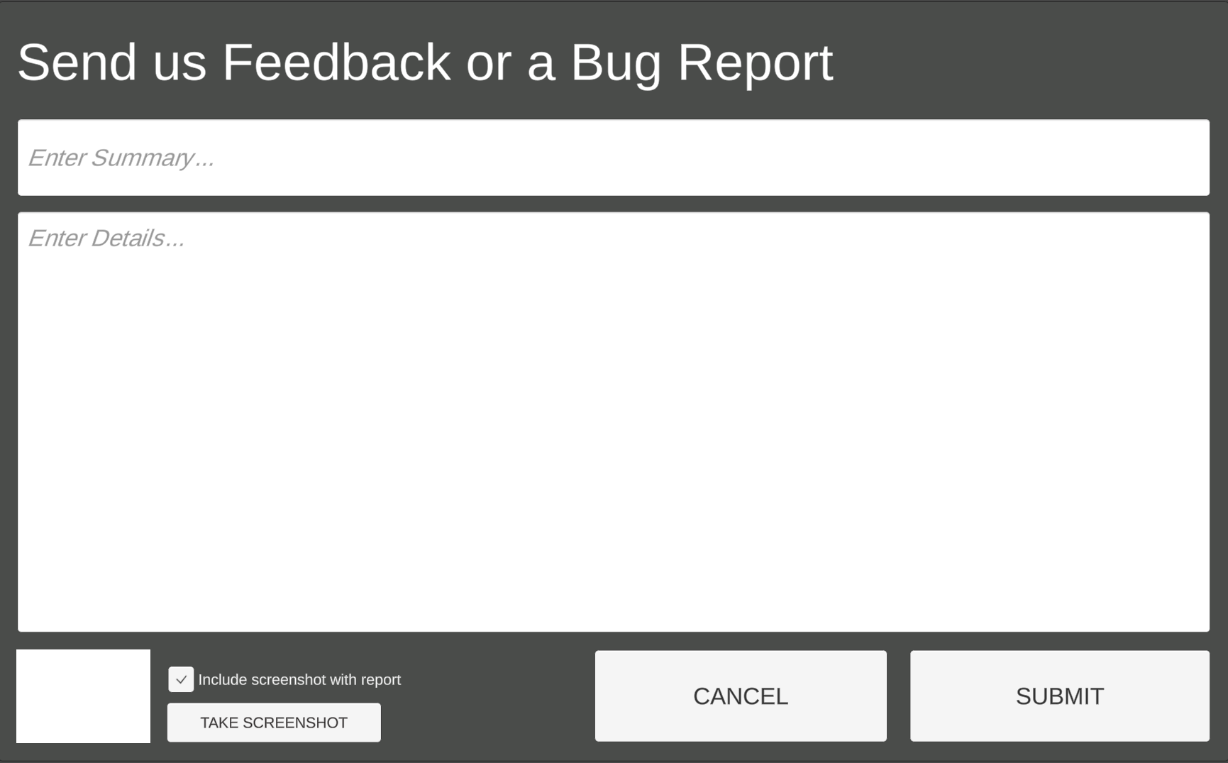 The built-in feedback form players use to send a bug report