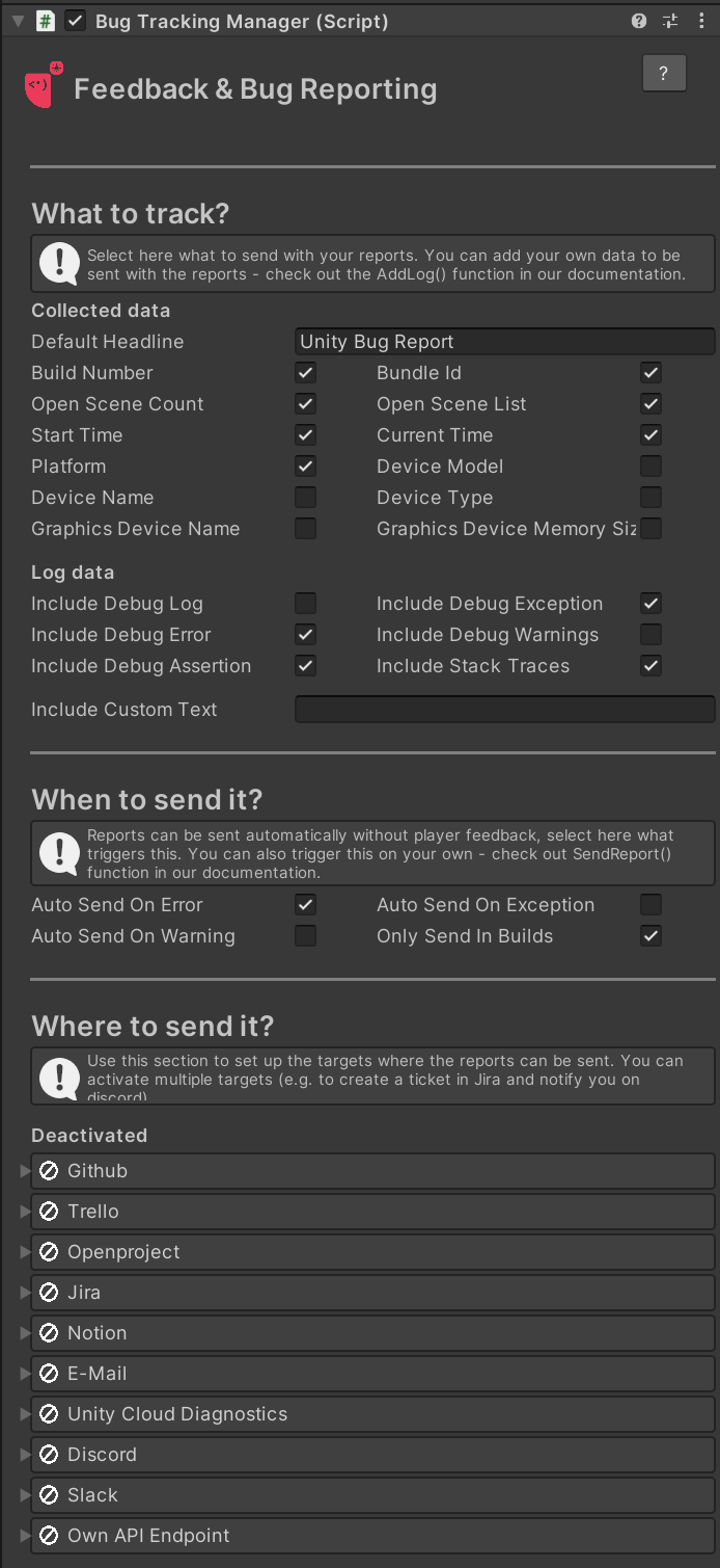 Bug Tracking Manager settings in the Unity inspector