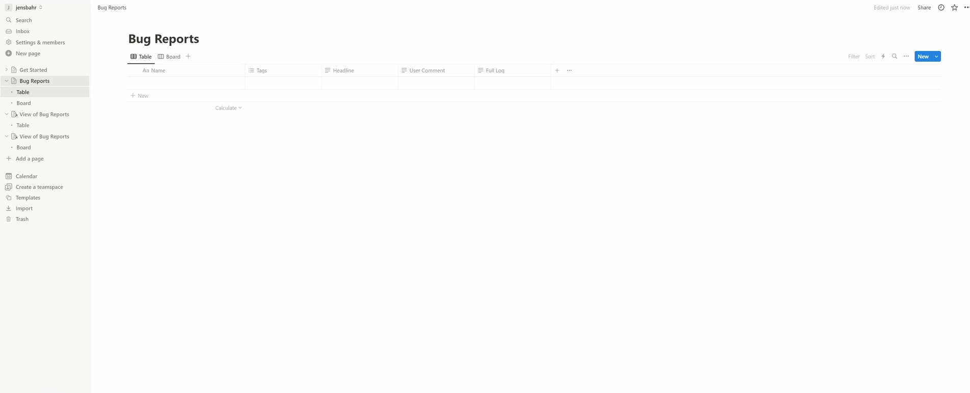 Notion database set up to receive bug reports