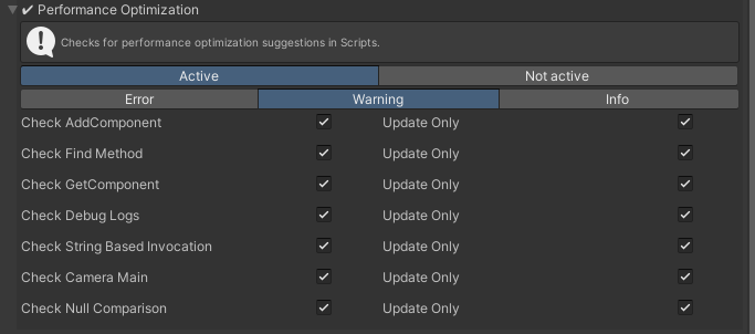 Performance suggestions check result in the Verification window