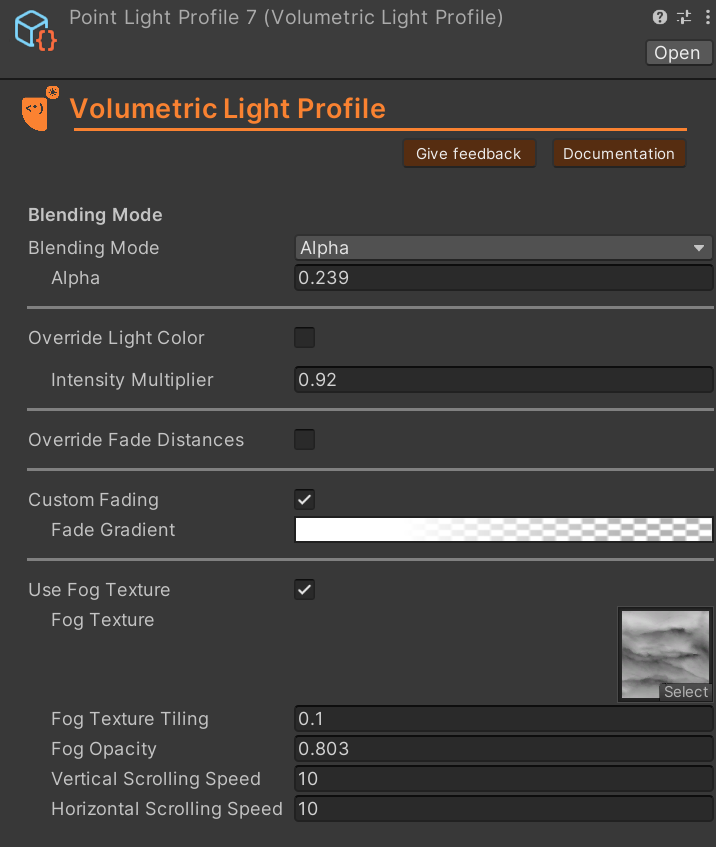 Volumetric Light Profile settings in the Unity inspector